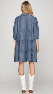 Tencel Denim Tiered 3/4 Slv Dress