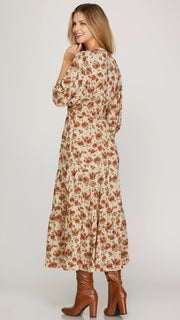 Monet Floral 3/4 Slv Midi Dress