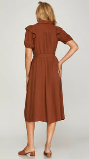 Ruffle Shoulder Pleat Bib Midi Dress