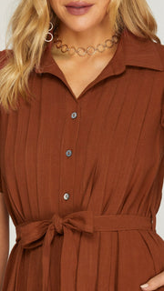 Ruffle Shoulder Pleat Bib Midi Dress