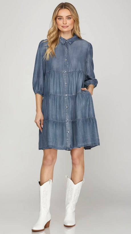 Tencel Denim Tiered 3/4 Slv Dress