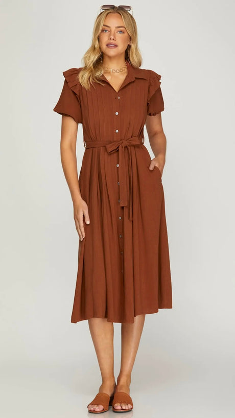 Ruffle Shoulder Pleat Bib Midi Dress