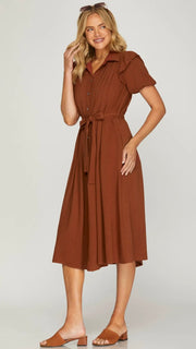 Ruffle Shoulder Pleat Bib Midi Dress