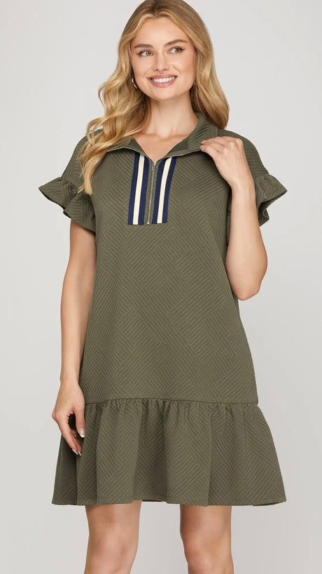 Textured Knit Ruffle Trim Dress