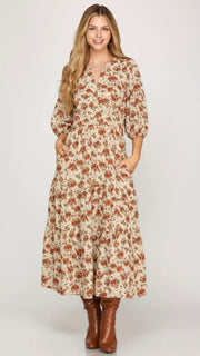 Monet Floral 3/4 Slv Midi Dress