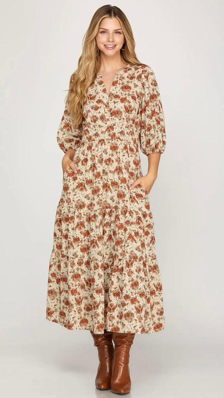 Monet Floral 3/4 Slv Midi Dress