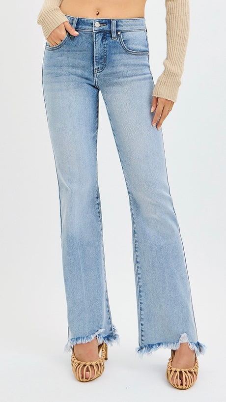 Mid Rise Frayed Hem Flare Jean
