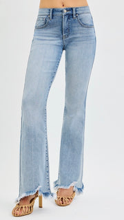 Mid Rise Frayed Hem Flare Jean