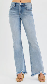 Mid Rise Frayed Hem Flare Jean