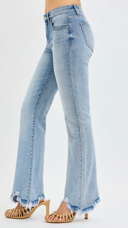 Mid Rise Frayed Hem Flare Jean