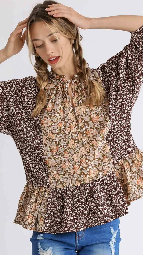 Floral Blocking Ruffle Hem Top