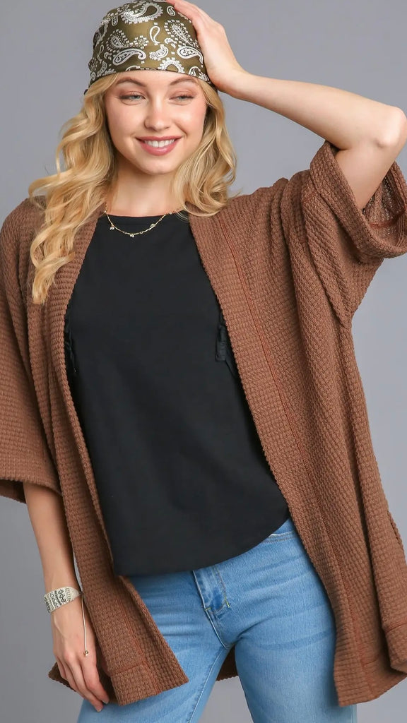 Waffle Knit 1/2 Sleeve Open Cardigan