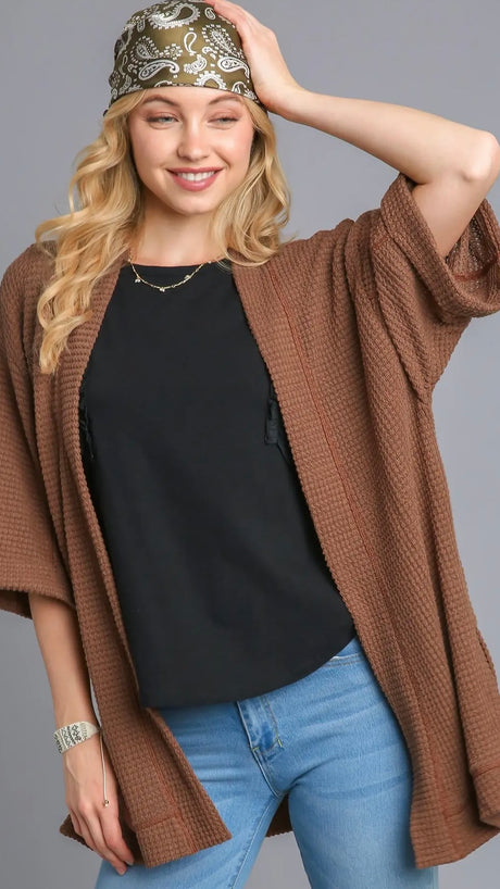 Waffle Knit 1/2 Sleeve Open Cardigan