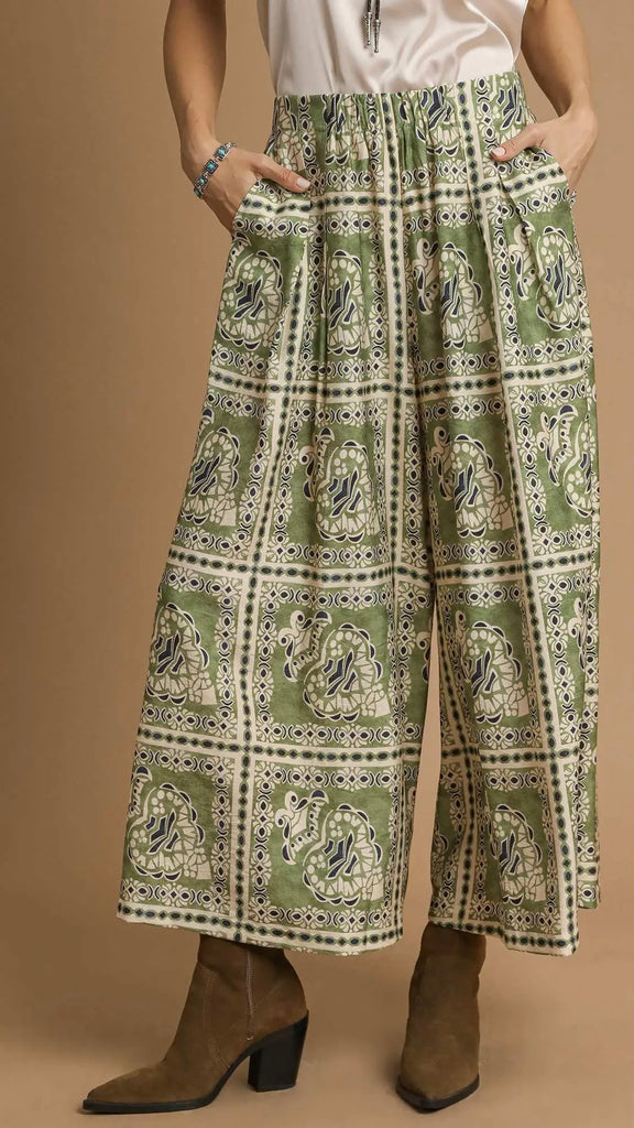 Stamped Print Wide Leg Pants w/Pkts