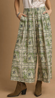 Stamped Print Wide Leg Pants w/Pkts