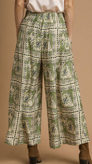 Stamped Print Wide Leg Pants w/Pkts