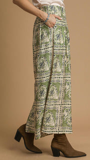 Stamped Print Wide Leg Pants w/Pkts