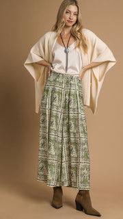 Stamped Print Wide Leg Pants w/Pkts