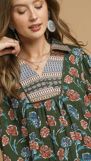 Floral Contrast Bib Bubble Slv Top