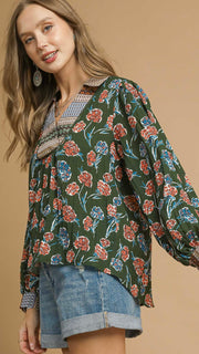 Floral Contrast Bib Bubble Slv Top