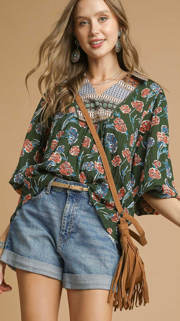 Floral Contrast Bib Bubble Slv Top