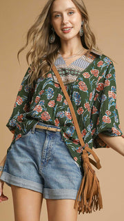 Floral Contrast Bib Bubble Slv Top