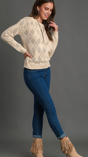Pointelle Knit Round Neck Sweater