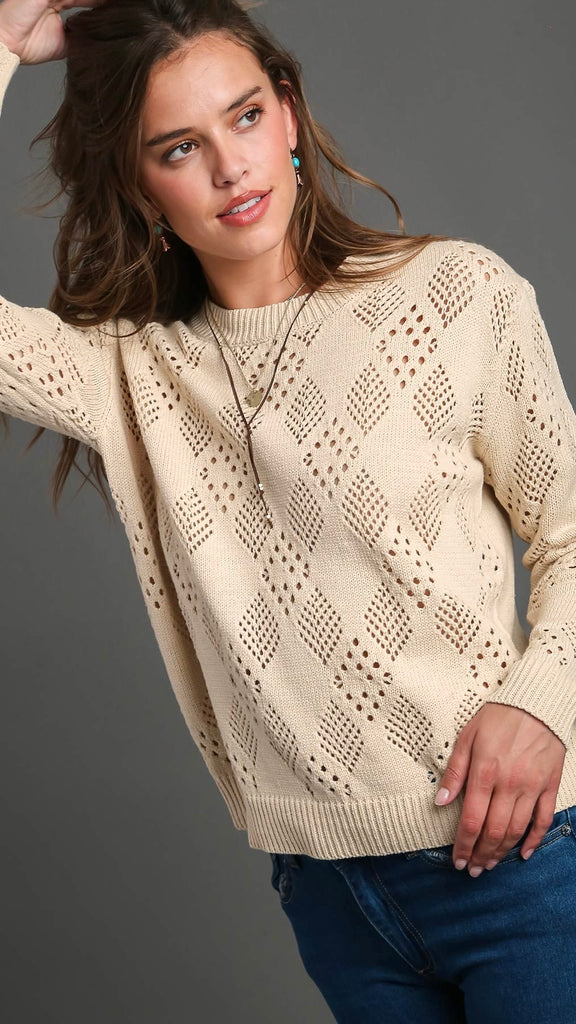 Pointelle Knit Round Neck Sweater