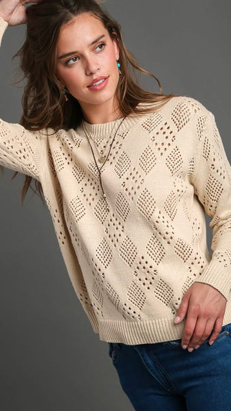 Pointelle Knit Round Neck Sweater