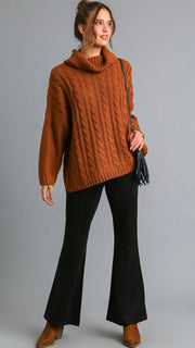 Cable Knit Cowl Neck Loose Sweater