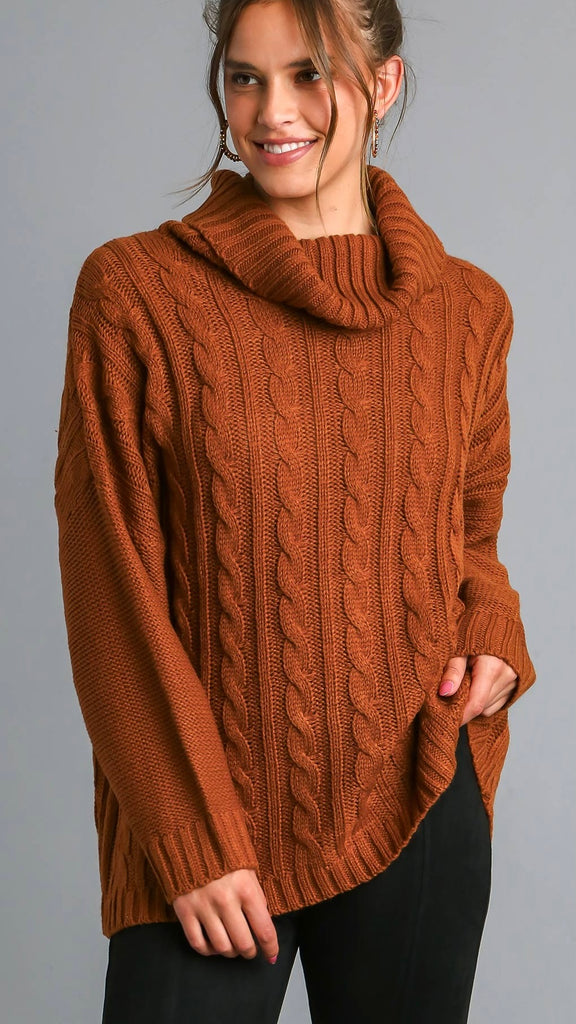 Cable Knit Cowl Neck Loose Sweater