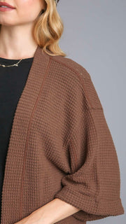 Waffle Knit 1/2 Sleeve Open Cardigan