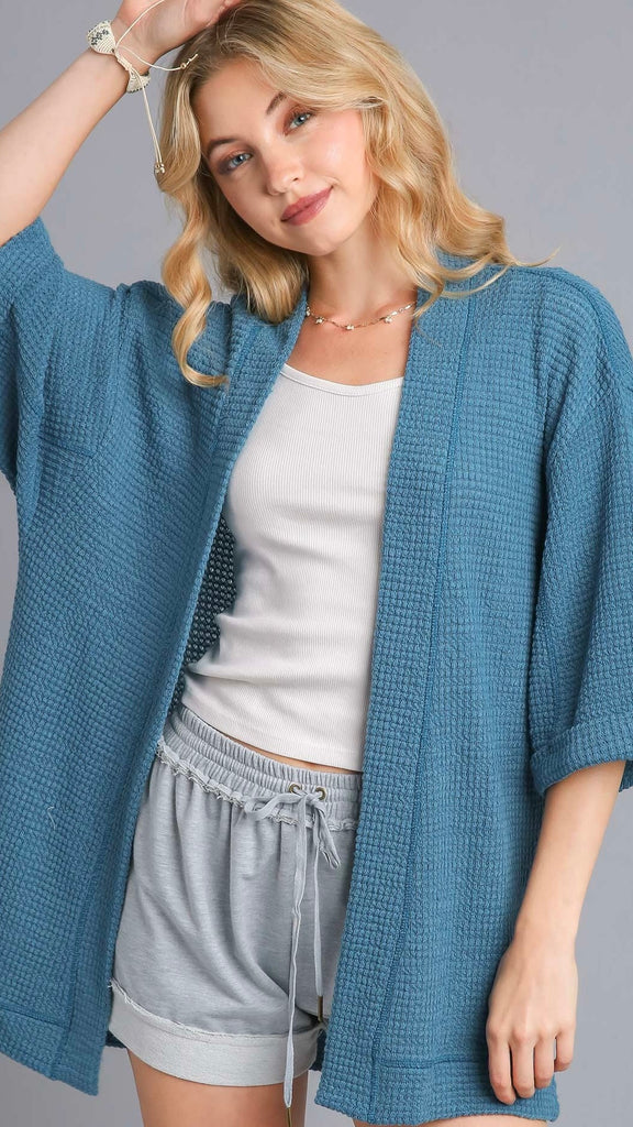 Waffle Knit 1/2 Sleeve Open Cardigan