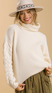 Cable Sleeve Cowl Neck Sweater