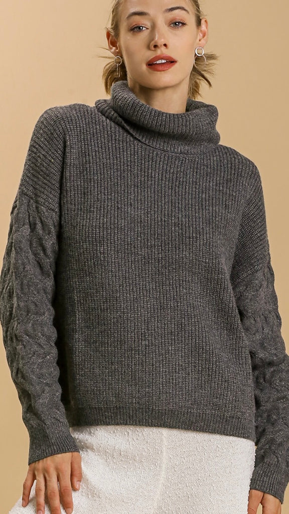 Cable Sleeve Cowl Neck Sweater