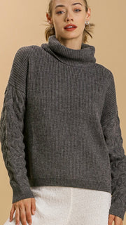 Cable Sleeve Cowl Neck Sweater
