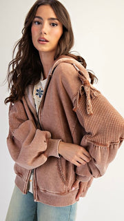 Washed Waffle + Bow Trim Hoodie Jacket