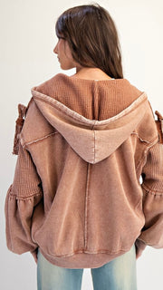 Washed Waffle + Bow Trim Hoodie Jacket
