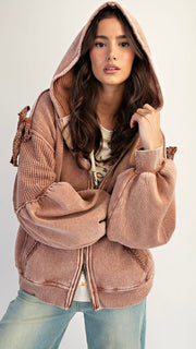 Washed Waffle + Bow Trim Hoodie Jacket