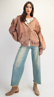 Washed Waffle + Bow Trim Hoodie Jacket