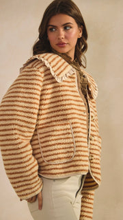 Stripe Sherpa Fleece Jacket Satin Trim