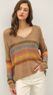 Stripe Lt Wt V-Neck Sweater