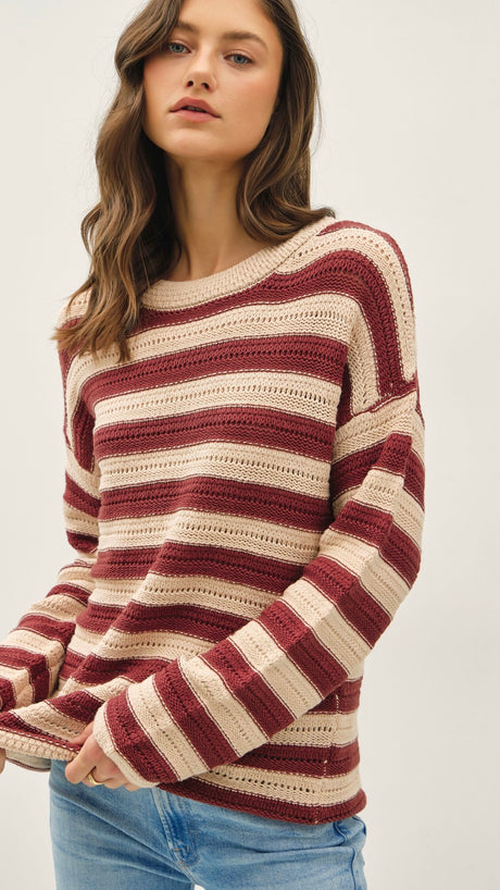 Pointelle Stripe Crew Neck Sweater