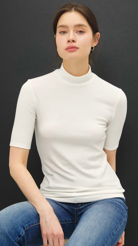 Mock Neck Stretch Knit S/S Top