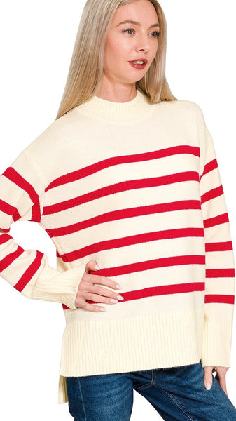 Striped Mock Neck Split Hem Sweater