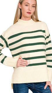 Striped Mock Neck Split Hem Sweater