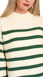 Striped Mock Neck Split Hem Sweater