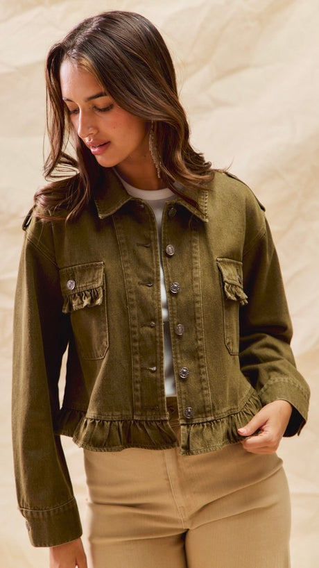 Ruffle Hem Tab Denim Jacket