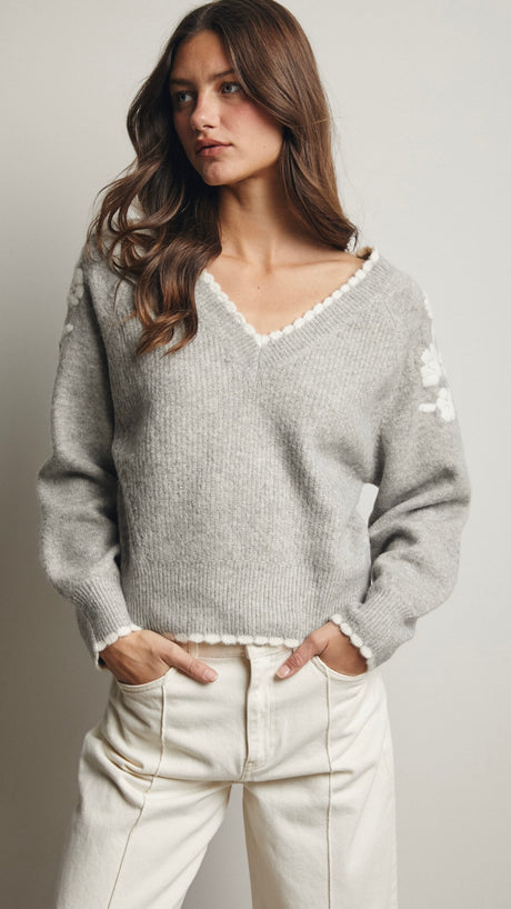 Embroidered Flower V-Neck Sweater
