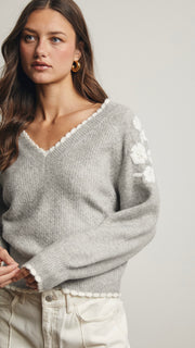 Embroidered Flower V-Neck Sweater